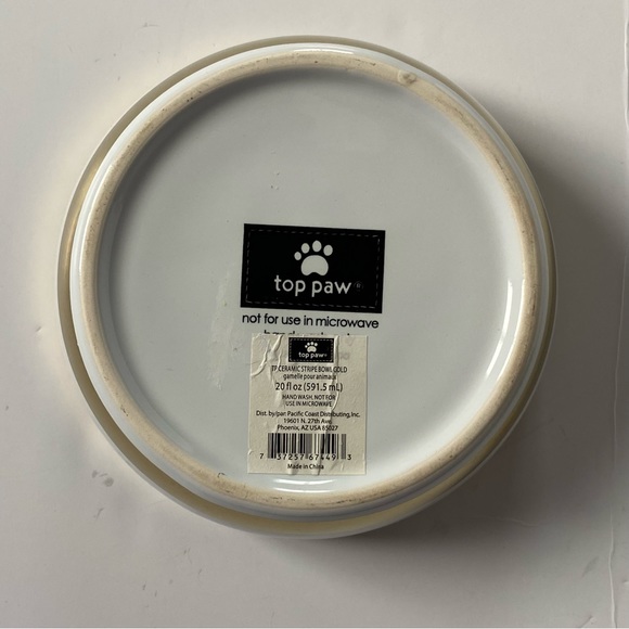 Top Paw Dog Bowl White With Gold Stripes EmbossedPaw Print Inside Ceramic EUC - Picture 8 of 12